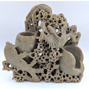 Dragon and Fish Carved Soapstone Brush Holder Pot Vase 8"x 9"